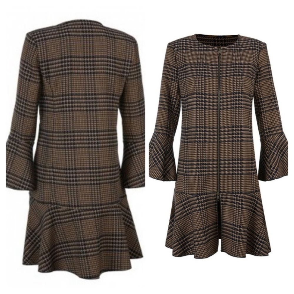 CABI 3902 FLOUNCE PLAID LONGLINE FULL ZIP JACKET WOMEN S BROWN/BLACK 2020 POCKET